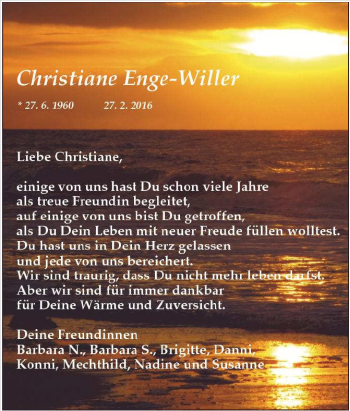 Traueranzeige von Christiane Enge-Willer von Tageszeitung