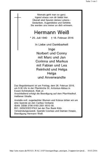 Traueranzeige von Hermann Weiß von Tageszeitung