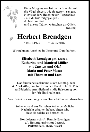 Traueranzeige von Herbert Brendgen von Tageszeitung