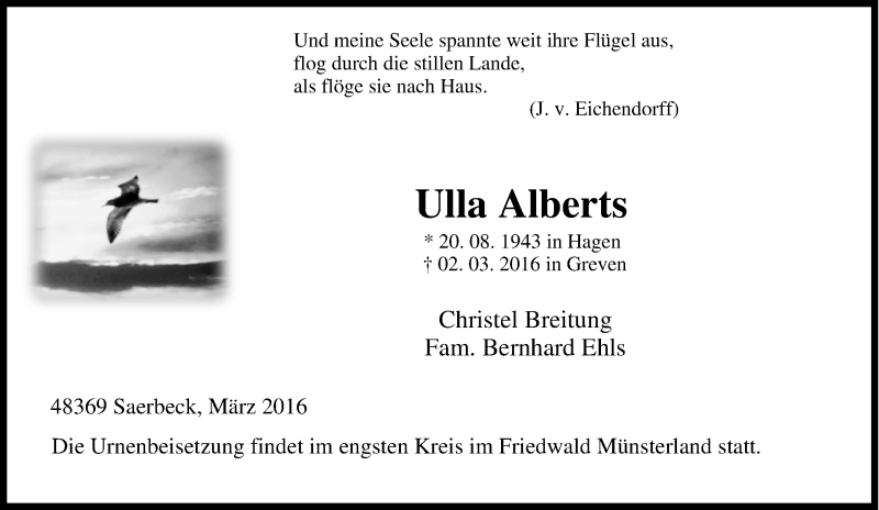  Traueranzeige für Ulla Alberts vom 12.03.2016 aus Tageszeitung
