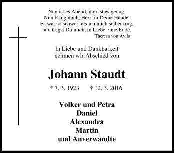 Traueranzeige von Johann Staudt von Tageszeitung