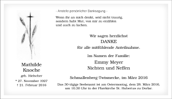 Traueranzeige von Mathilde Knoche von Tageszeitung