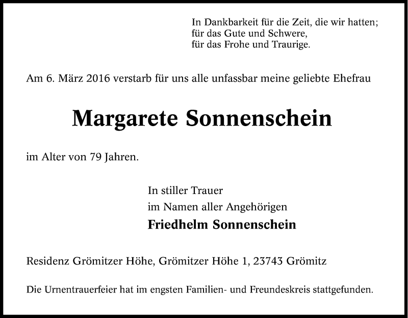  Traueranzeige für Margarete Sonnenschein vom 30.03.2016 aus Tageszeitung