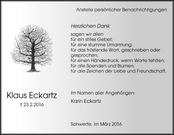 Traueranzeige von Klaus Eckartz von Tageszeitung