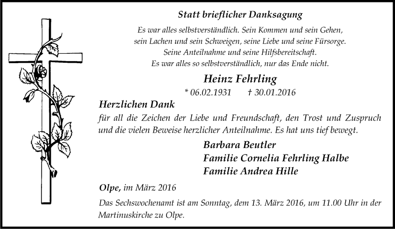  Traueranzeige für Heinz Fehrling vom 09.03.2016 aus Tageszeitung