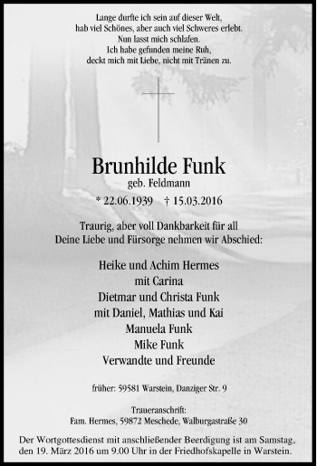 Traueranzeige von Brunhilde Funk von Tageszeitung