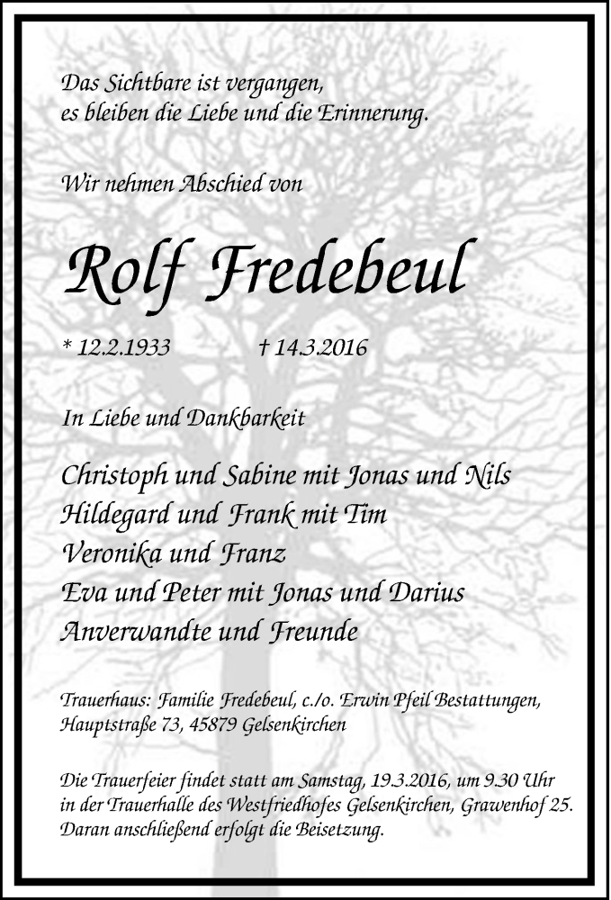 Traueranzeige für Rolf Fredebeul vom 17.03.2016 aus Tageszeitung