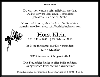 Traueranzeige von Horst Klein von Tageszeitung
