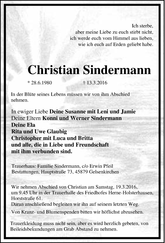  Traueranzeige für Christian Sindermann vom 16.03.2016 aus Tageszeitung
