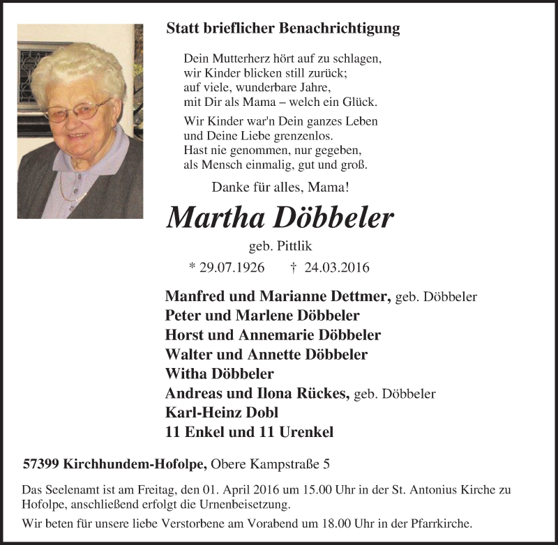  Traueranzeige für Martha Döbbeler vom 29.03.2016 aus Tageszeitung