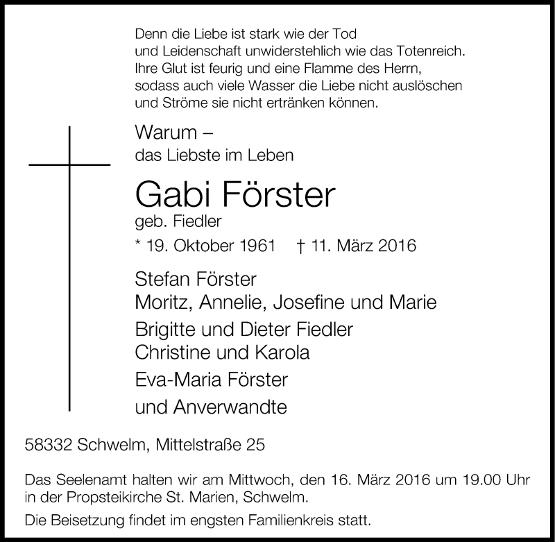  Traueranzeige für Gabi Förster vom 15.03.2016 aus Tageszeitung
