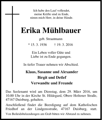 Traueranzeige von Erika Mühlbauer von Tageszeitung