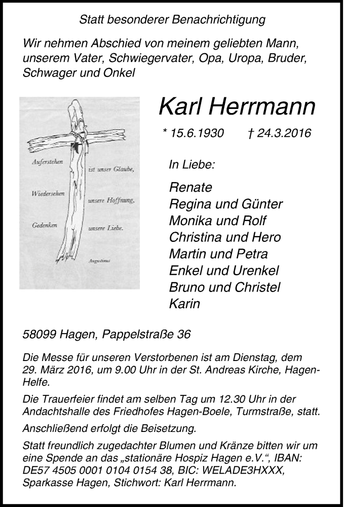 Traueranzeigen von Karl Herrmann TrauerinNRW.de