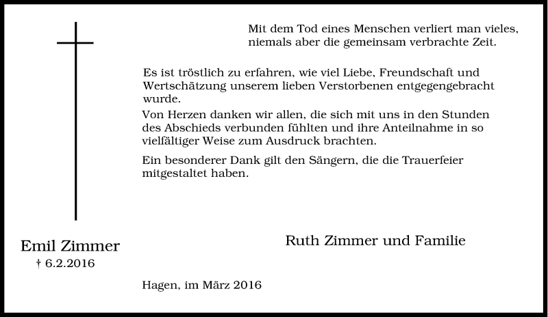  Traueranzeige für Emil Zimmer vom 19.03.2016 aus Tageszeitung