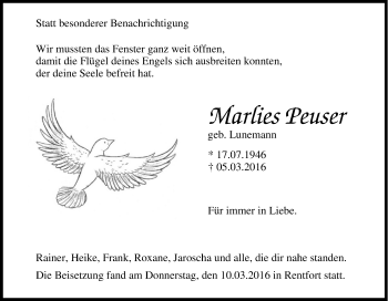 Traueranzeige von Marlies Peuser von Tageszeitung