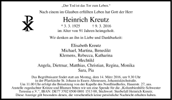 Traueranzeige von Heinrich Kreutz von Tageszeitung