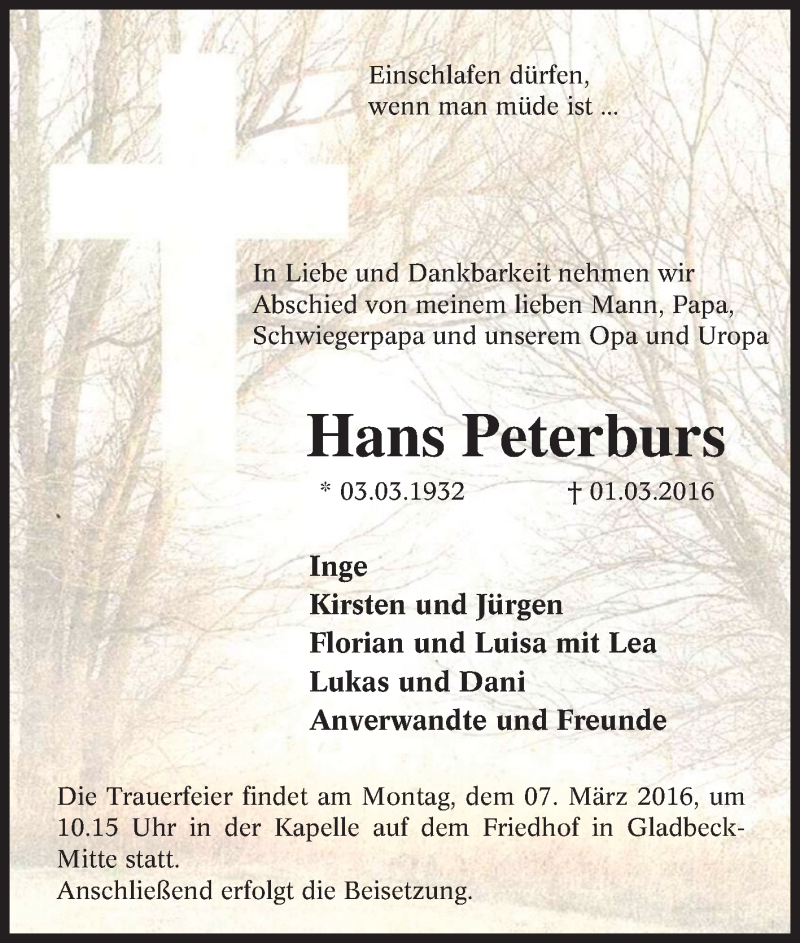 Traueranzeige für Hans Peterburs vom 04.03.2016 aus Tageszeitung