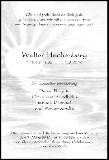 Traueranzeige von Walter Hachenberg von Tageszeitung