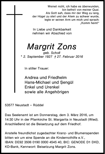 Traueranzeige von Margrit Zons von Tageszeitung