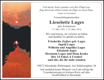 Traueranzeige von Lieselotte Luges von Tageszeitung