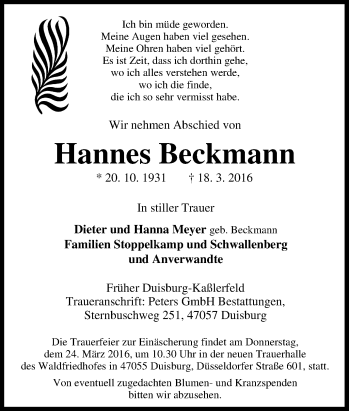 Traueranzeige von Hannes Beckmann von Tageszeitung