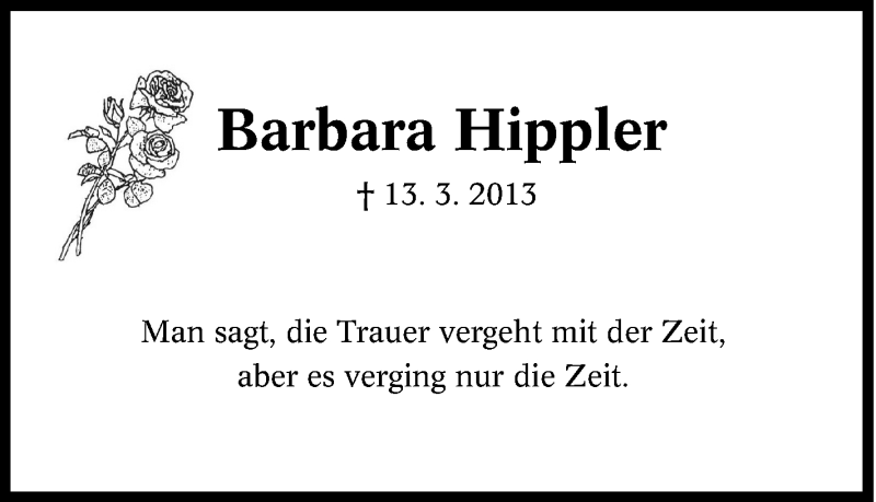  Traueranzeige für Barbara Hippler vom 12.03.2016 aus Tageszeitung