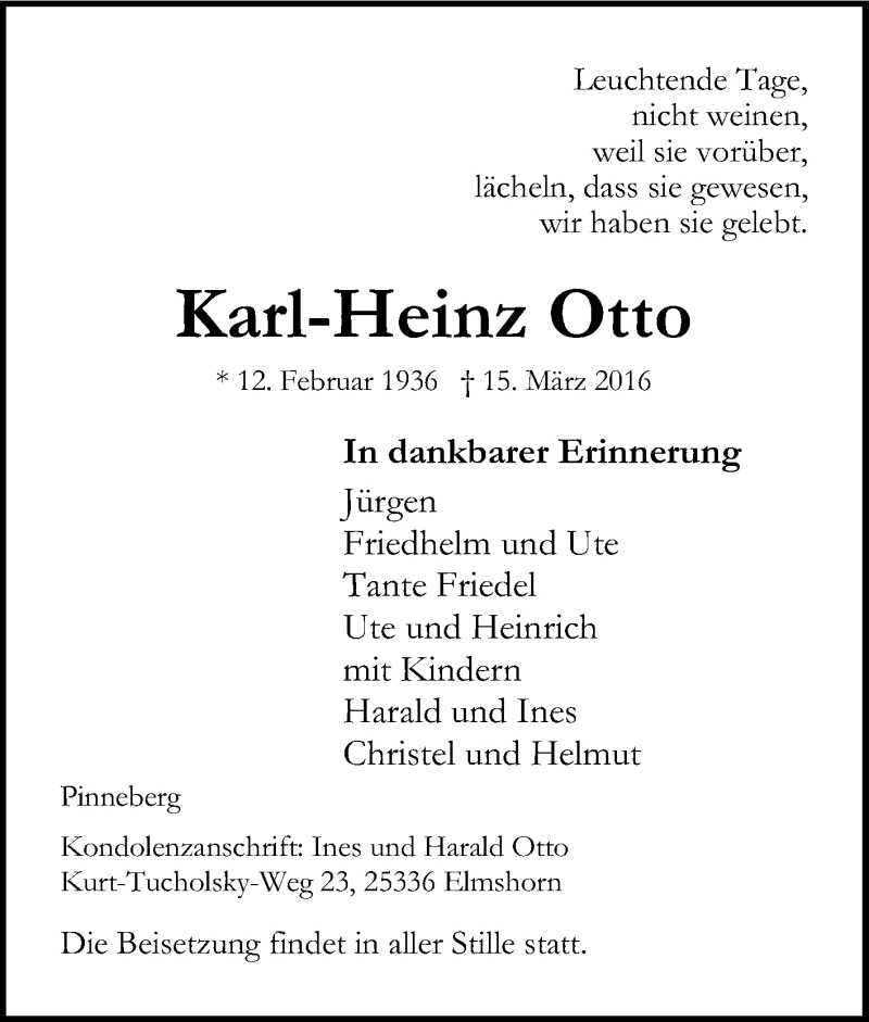  Traueranzeige für Karl-Heinz Otto vom 19.03.2016 aus Tageszeitung