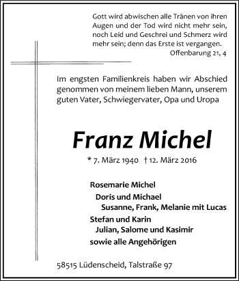 Traueranzeige von Franz Michel von Tageszeitung