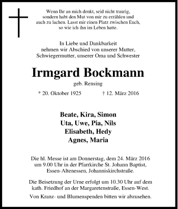 Traueranzeige von Irmgard Bockmann von Tageszeitung