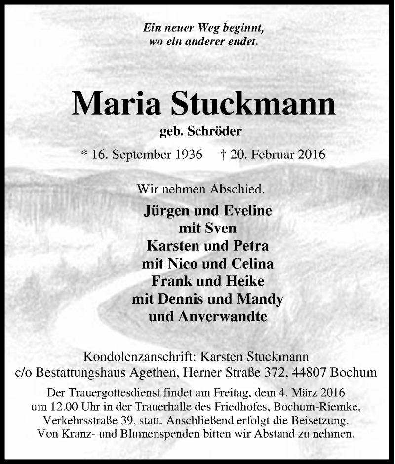  Traueranzeige für Maria Stuckmann vom 01.03.2016 aus Tageszeitung