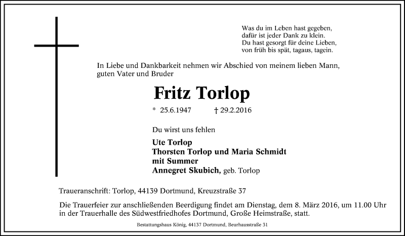  Traueranzeige für Fritz Torlop vom 03.03.2016 aus Tageszeitung