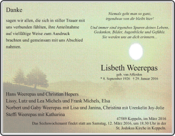 Traueranzeige von Lisbeth Weerepas von Tageszeitung