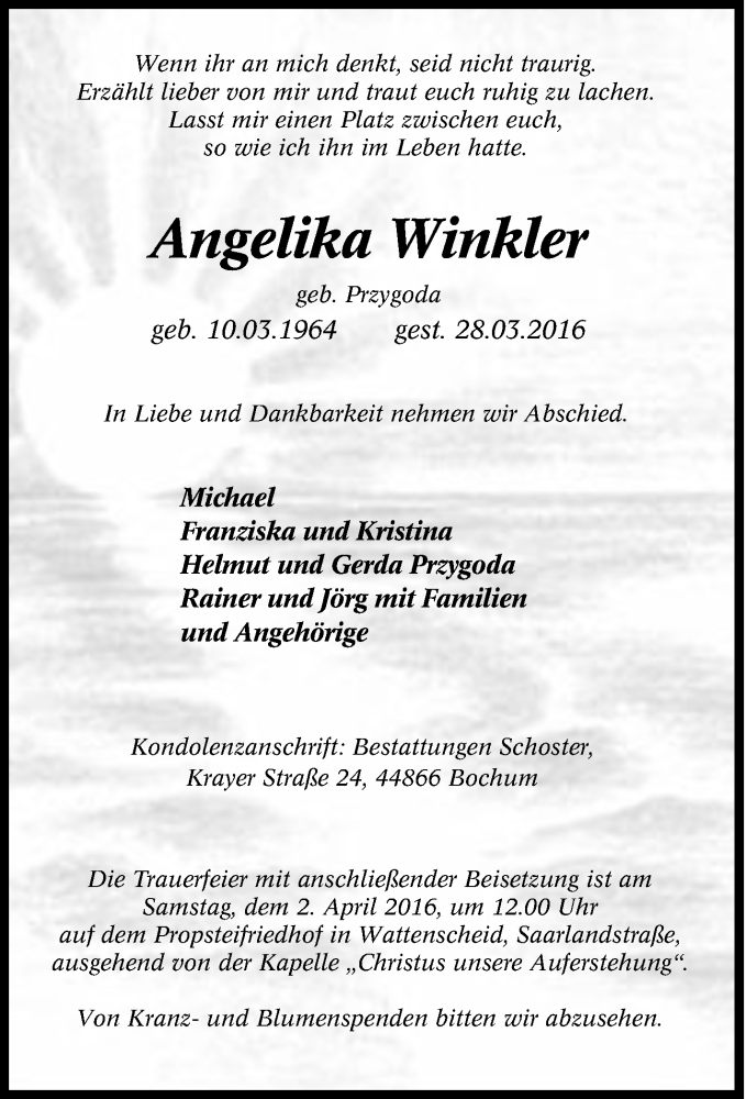 Traueranzeige für Angelika Winkler vom 31.03.2016 aus Tageszeitung