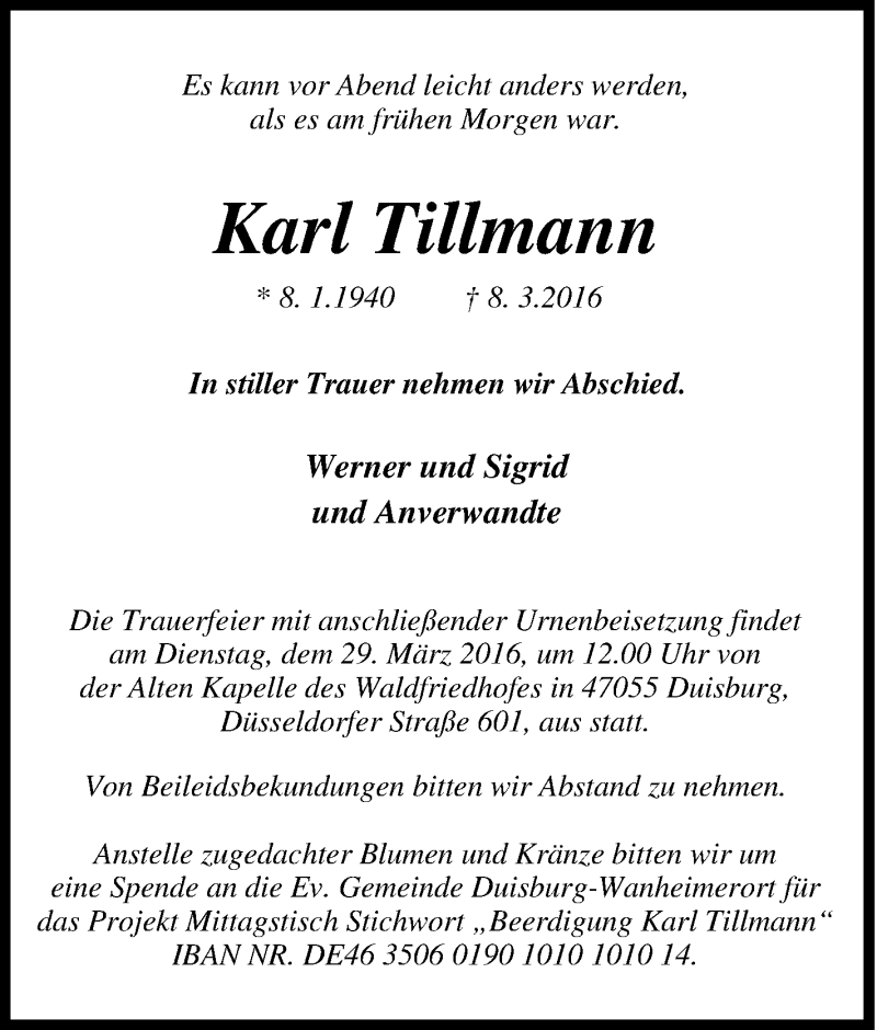 Traueranzeigen von Karl Tillmann TrauerinNRW.de