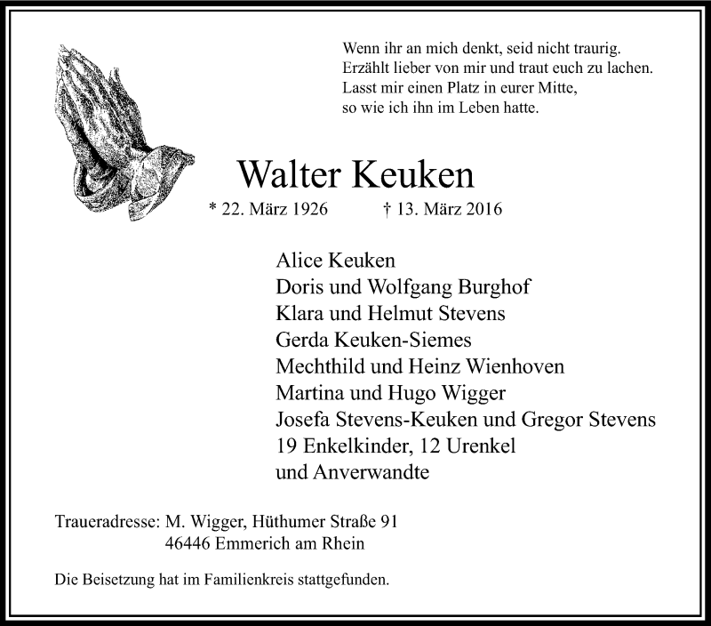  Traueranzeige für Walter Keuken vom 19.03.2016 aus Tageszeitung