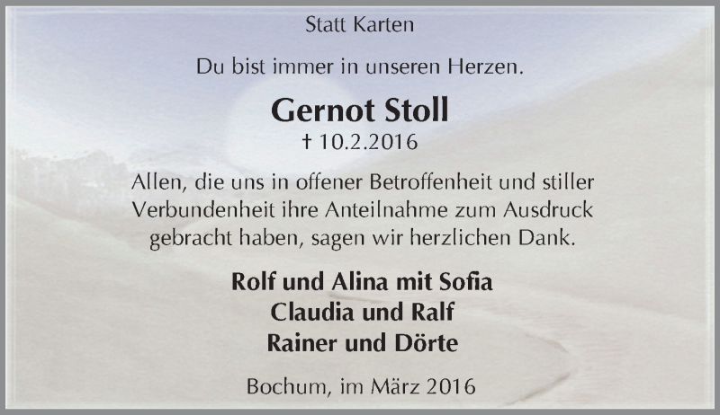  Traueranzeige für Gernot Stoll vom 12.03.2016 aus Tageszeitung