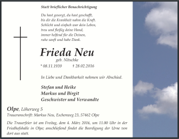Traueranzeige von Frieda Neu von Tageszeitung