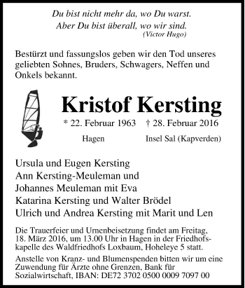 Traueranzeige von Kristof Kersting von Tageszeitung