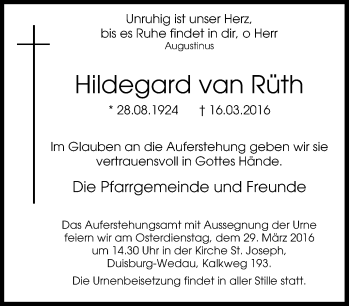 Traueranzeige von Hildegard van Rüth von Tageszeitung