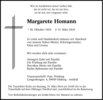 Traueranzeige von Margarete Homann von Tageszeitung