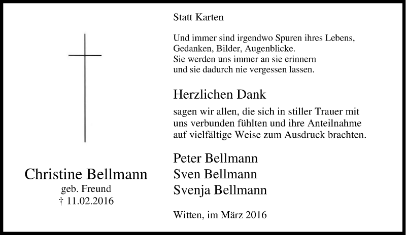  Traueranzeige für Christine Bellmann vom 05.03.2016 aus Tageszeitung