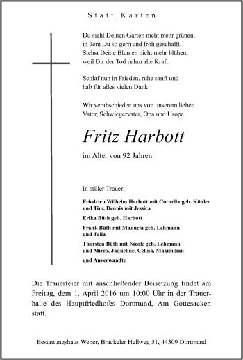 Traueranzeige von Fritz Harbott von Tageszeitung