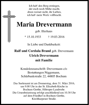 Traueranzeige von Maria Drevermann von Tageszeitung