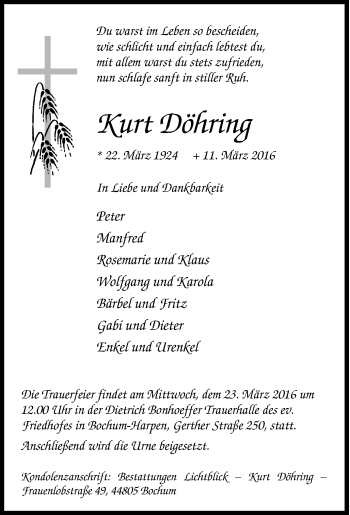 Traueranzeigen von Kurt Döhring TrauerinNRW.de