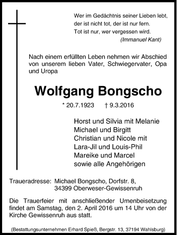Traueranzeige von Wolfgang Bongscho von Tageszeitung