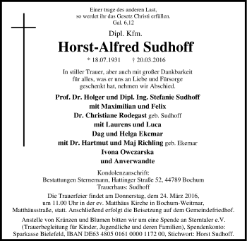 Traueranzeige von Horst-Alfred Sudhoff von Tageszeitung