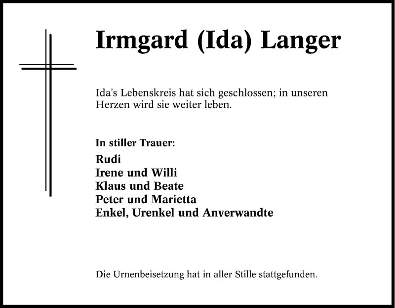  Traueranzeige für Irmgard (Ida) Langer vom 05.03.2016 aus waz