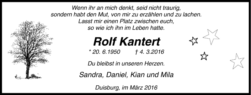  Traueranzeige für Rolf Kantert vom 09.03.2016 aus Tageszeitung