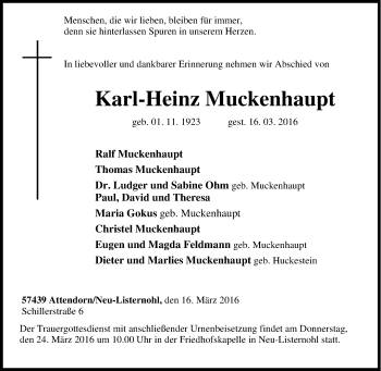 Traueranzeige von Karl-Heinz Muckenhaupt von Tageszeitung