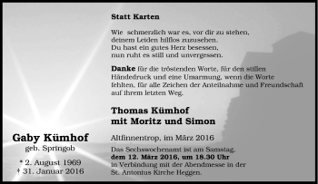 Traueranzeige von Gaby Kümhof von Tageszeitung